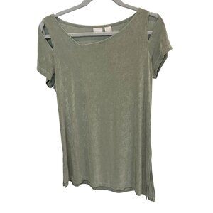 Chico's Travelers Sage Green Cut Out Asymmetrical Hem Top Artsy - Size 1, Medium